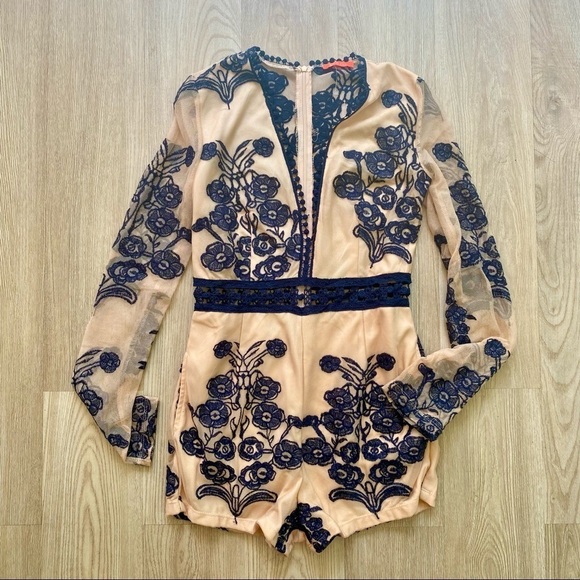 Banjul Pants - BANJUL Nude & Navy Blue Long Sleeve Romper Tattoo Lace Floral Mesh